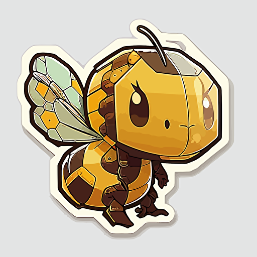 vector sticker design, kawaii cute style, yellow and brown robot honey bee , transparent background