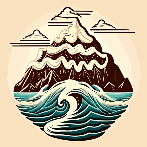 Vector logo of a snowy mountain, surrounded by the sea waves, where top of the mountain is a whipped cream and bottom is a whisk.
