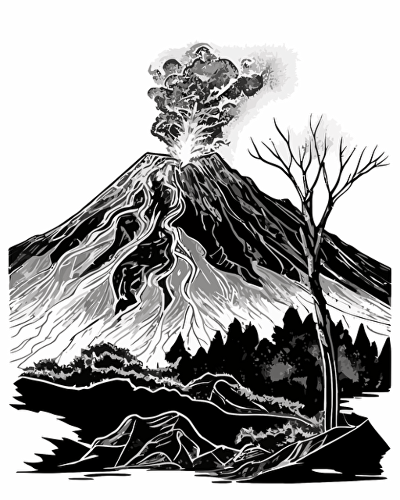 volcan erupcionando , low details, vector for color, black and white for coloring page, full hd,