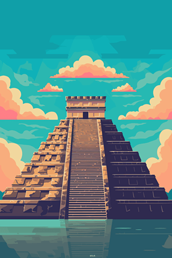 front view of Chichen itza, blue sky, vector design, minimalist, flat
