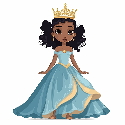 vector illustration full view image in multiple expressions and poses of a cute, adorable, beautiful little mix race girl princess standing, wearing a white and blue child gown and a beautiful golden crown.