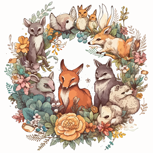 fairycore furry woodland animals with a surrounding floral design in detailed drawing style + simple vector + bright colors on a white background