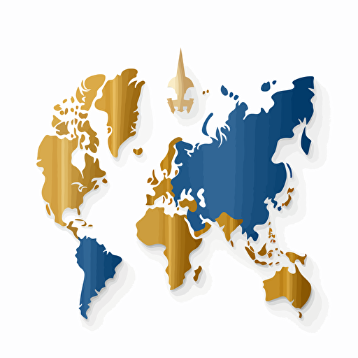 Blue and gold fleur de lys, gold world map insde vectorized, illustrator, flat, 2d, white background