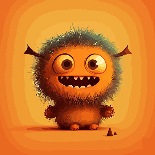 A scary baby fur monster, smiling, orange background, vector art , pixar style