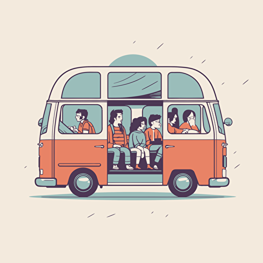 very simple line illustration of a family travelling inside the front cabin of a campervan, simplistic vector art style