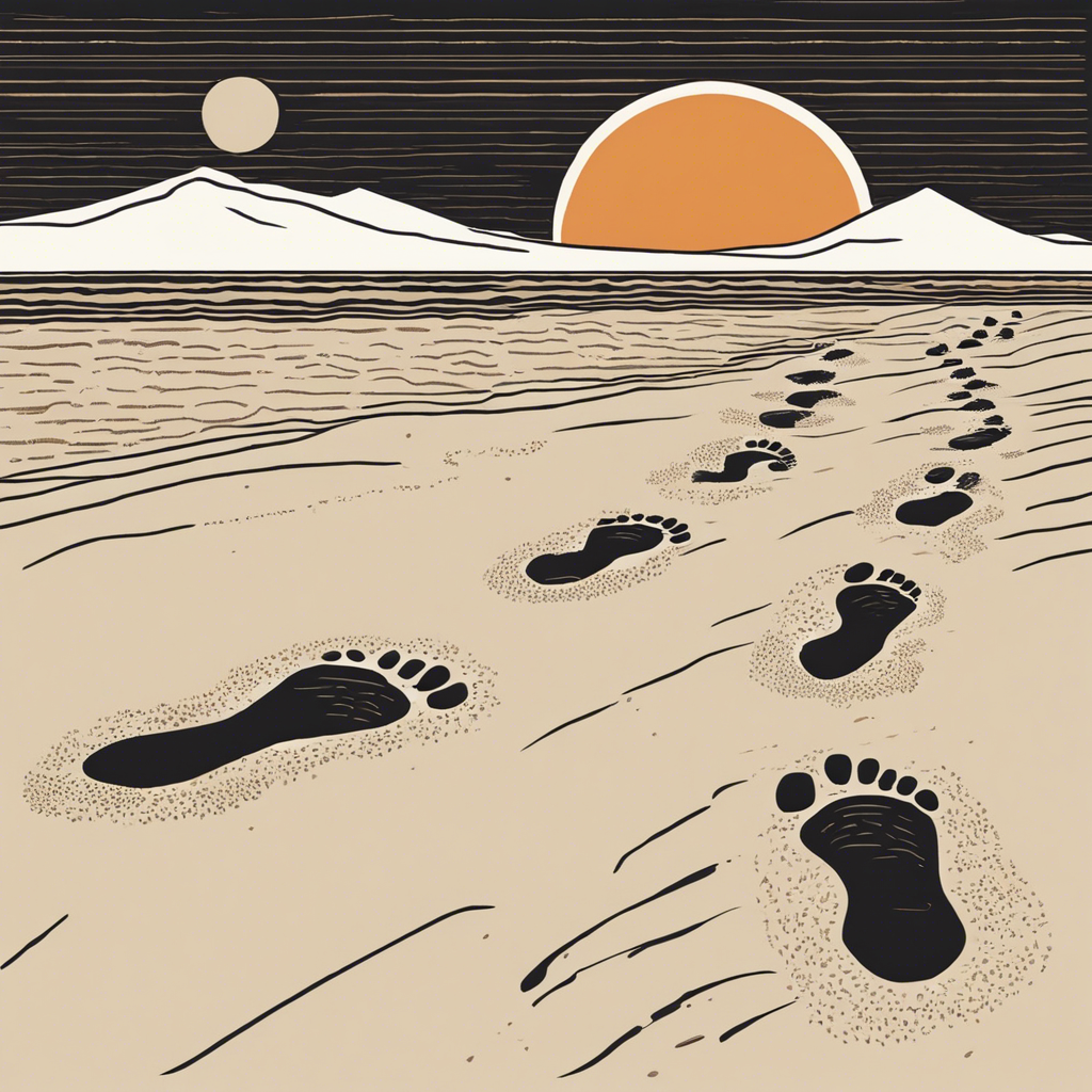 Footprints in the sand at sunset, illustration in the style of Matt Blease, illustration, flat, simple, vector