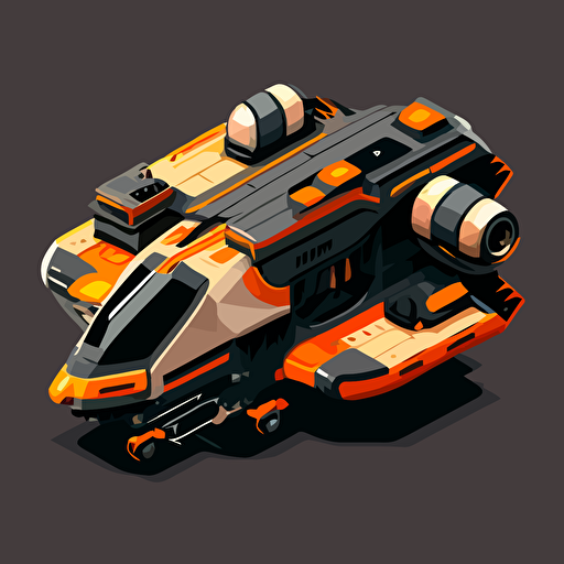 futuristic hauler space ship, rounded features, top down, isometric, orange and grey, black background, minimalistic, vector