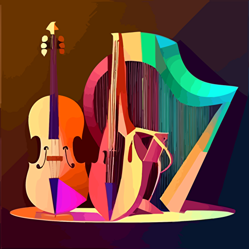 a violin in front of a cello in front of a double bass in front of a harp in front of a timpani in front of a piano in different colors , flat vector, design pappercut