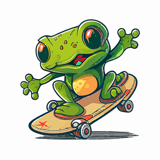Frog on a skateboard, Sticker, Ecstatic, Matte, Cartoon, Contour, Vector, White Background, Detailed