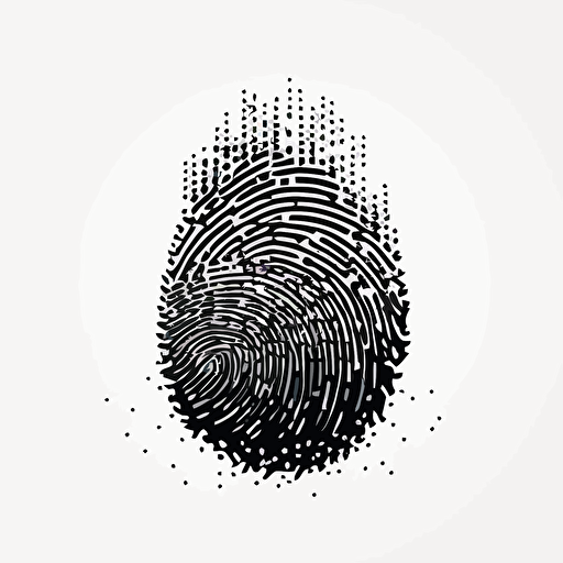 a pixel simple iconic logo of a fingerprint made of circuitry, black vector on white background.