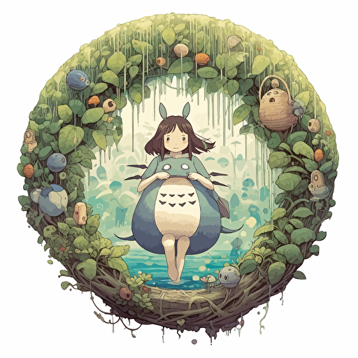 round up design with digital illustration of chihiro, no face, totoro, magic world inspired by Studio Ghibli, vector illustration, intricate details, unreal engine, extremely high detailing, sharp, white background