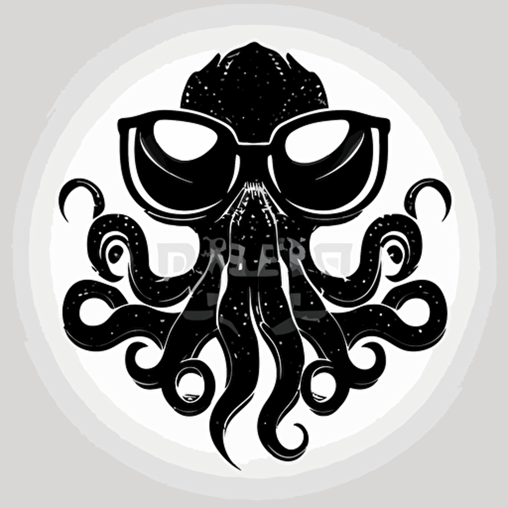 Retro futuristic iconic logo of octopus corporate exorcist, sunglasses, black vector, on white background