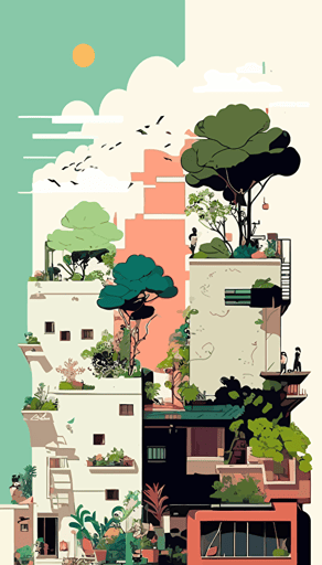 tokyo style rooftops with an urban garden, floating over the white clouds, complete sideview, shilouettes relaxing in the paradise like gardens, manga comic style, vector illustration, simple flat design, simple white background