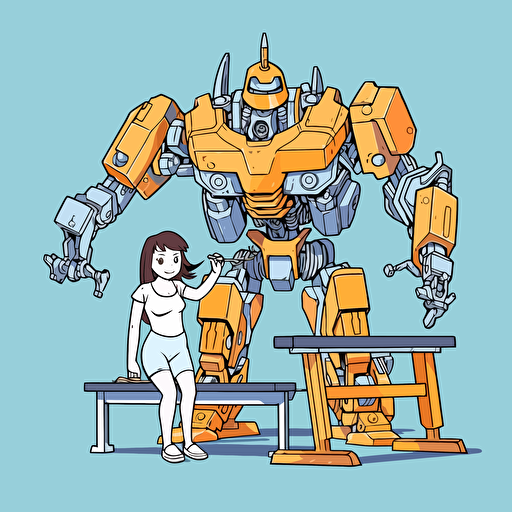 A giant robot is helping an anime girl inspired by K-on to do barebell bench press with four plates, empty background, in the style of japanese animation, bright color, simple design, no background, empty background, wearing sbd gear outfit, facial expression displayed a strained expression, sweat dripping from the furrowed brow, toungue is out