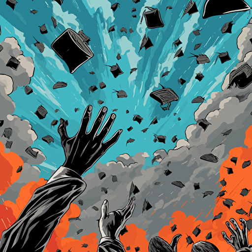 a vector image of black hands tossing graduation caps into the sky, blue and orange and dark gray, graffiti style
