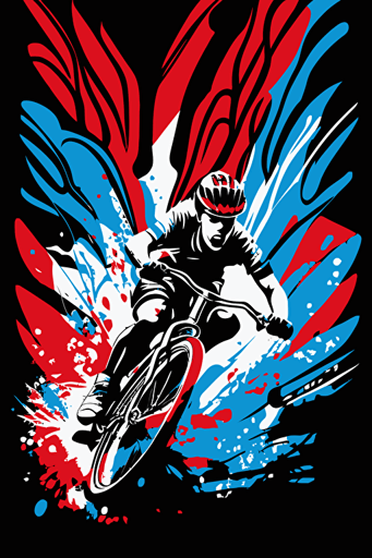 abstract cycling on mountain bike, blue, red and white colors, pop art deco illustration, hand vector art, black background,