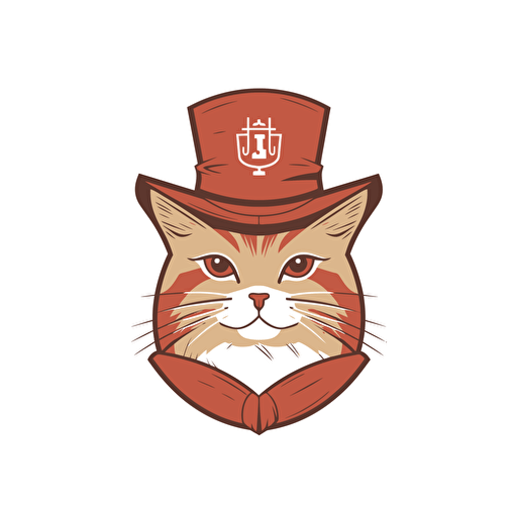 logo design, flat 2d vector logo of a cat wearinf a fez, muted brown and red colors, 80s, doctor who-inspired, white background
