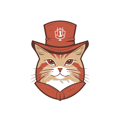 logo design, flat 2d vector logo of a cat wearinf a fez, muted brown and red colors, 80s, doctor who-inspired, white background