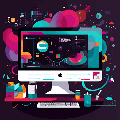 A vector based illustration of a Slack workspace with a very vibrant surrounding that bleeds to black, with valuable information escaping its content black hole from the monitor which shows slack conversations into a another monitor