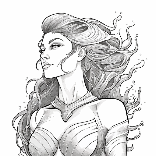 a water inspired ancient clever superhero girl bust, digital illustration, minimalism, concept art, vector draw, black and white, coloring page, outline only, powefull