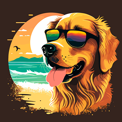 golden retriever with sunglasses at the beach, flat, logo, die cut, vector