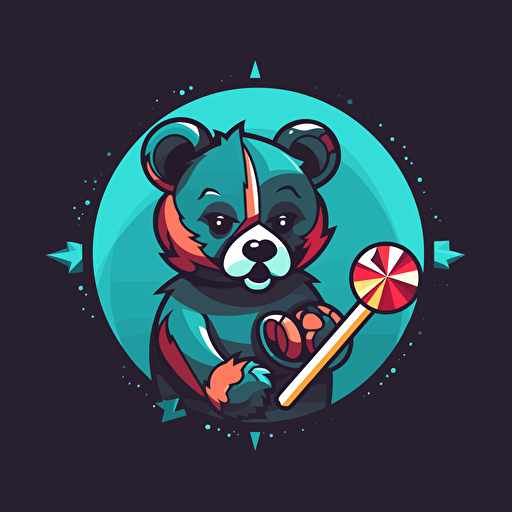 futuristic bear holding a lolly pop bow logo design, vector art,