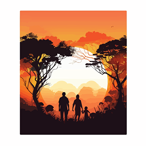 show me a poster of a family enjoying the sunset in the forest. ecofriendly. vector style over white background.