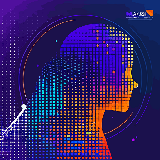 A modern and minimalist circle logo designed of a person side face, pixel art, matrix code, flat vector logo, blue purple orange gradient, simple minimal, style of japanese book cover