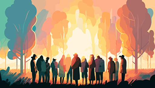 vector art, softly colored animated modern day people, small group, warmly praying together, sunny dawn background wide angle with some depth of field
