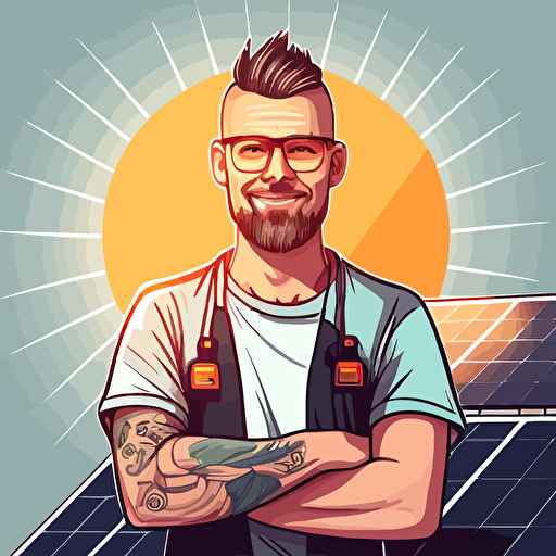 trustworthy male solar installer, vector art, minimalistic, solar panels in the background