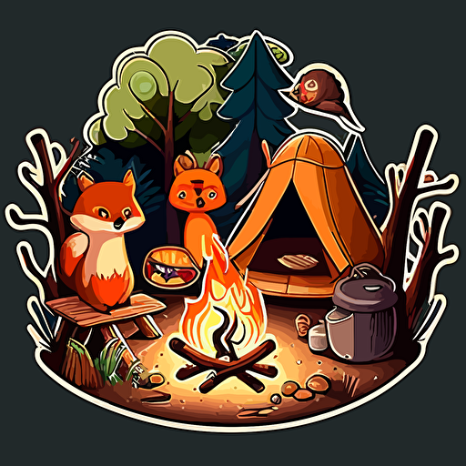 cartoon campsite, woodland animals, campfire, vector art sticker