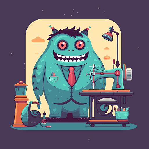 a nice monster, dressed as a tailor, dressed in suit, standing next to sewing machine, vector illustration, flat