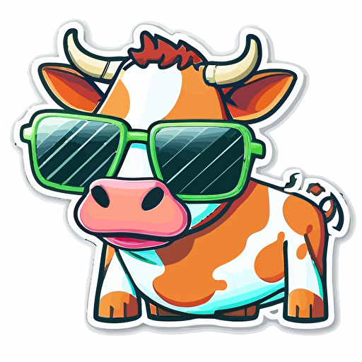 sticker, Cow with sunglasses, kawaii, contour, vector, white background