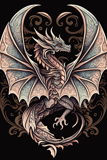 a dragon with symmetric spread wings, svg vector image, mandala-like pattern, subtle pale colors and thick crisp black outline