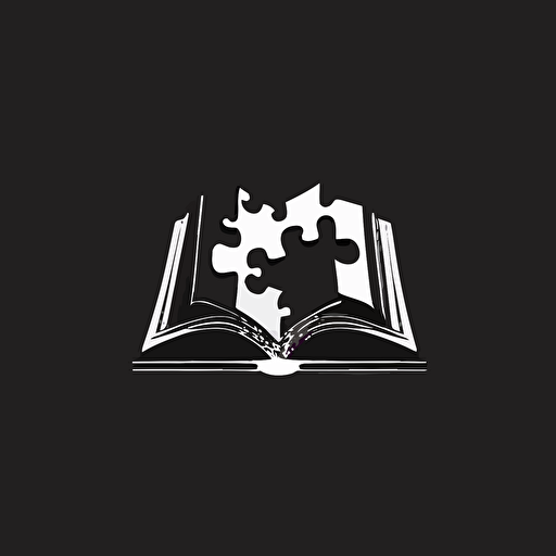 simple logo minimalistic, vector, open book, primary key, puzzle piece, white font, black background