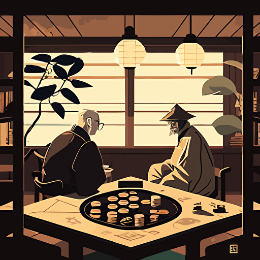 Based on the popular Japanese game of Go, design a vector illustration of Satoshi Nakamoto engaging in a strategic game of Go with a wise elder in a traditional Japanese room. Set the scene during a quiet and focused afternoon.