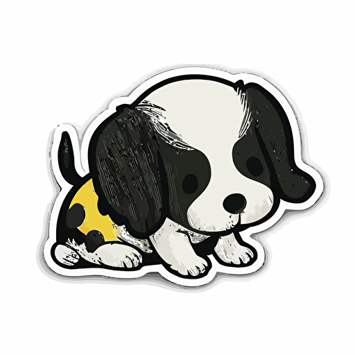 die-cut sticker, cute black and white puppy , bumble bee on its nose, white background, illustration minimalist, vector