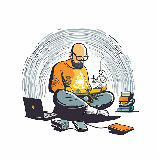 basic vector illustration of IT support meditade and levitade, tech tool around him.
