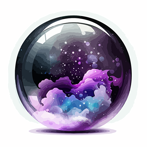 very simplified vector logo of a glass orb containing a purplish, starry cloud of gas similar to a nebula black and white, white background