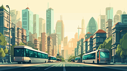 A bustling cityscape with diverse architecture, busy streets, public transportation, green spaces, Adobe Illustrator, Wacom tablet, morning. Vector illustration, RGB color mode.