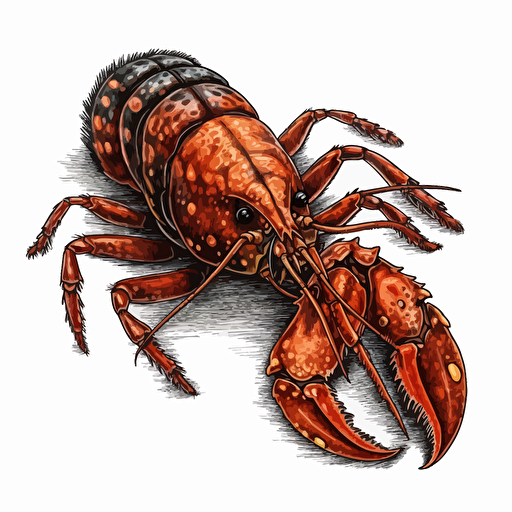 a asset of detailed hand drawn crawfish, on a white background, bright orange, burnt red, browns, and thick black line, vector style