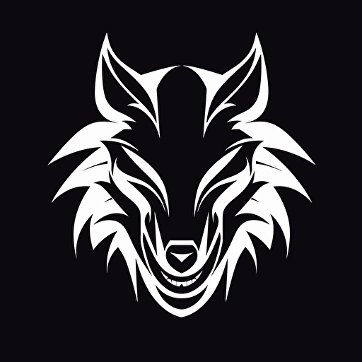 Angry wolf, Banksy style, black background, large closed shapes, fantasy roboter, white space to fill, abstract, artistic, pen outline, white background, very simple, full field of view, centre, minimalistic logo vector art , simple flat vector logo