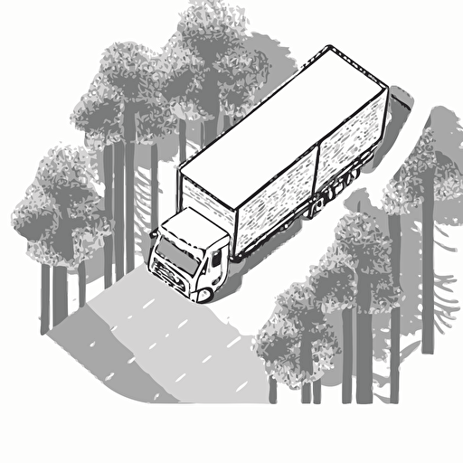 vector design, only Truck loaded with trees viewed vertically from above, white background, black outline