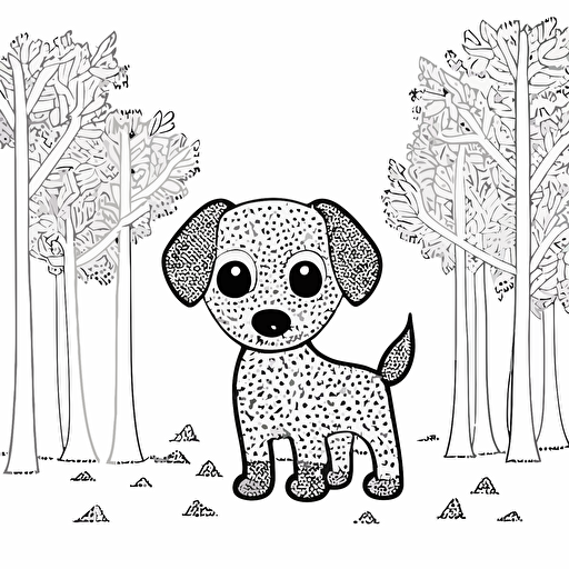 cute dog in the forest made by pointillism, big cute eyes, pixar style, outline and simple shapes, flat vector, white background