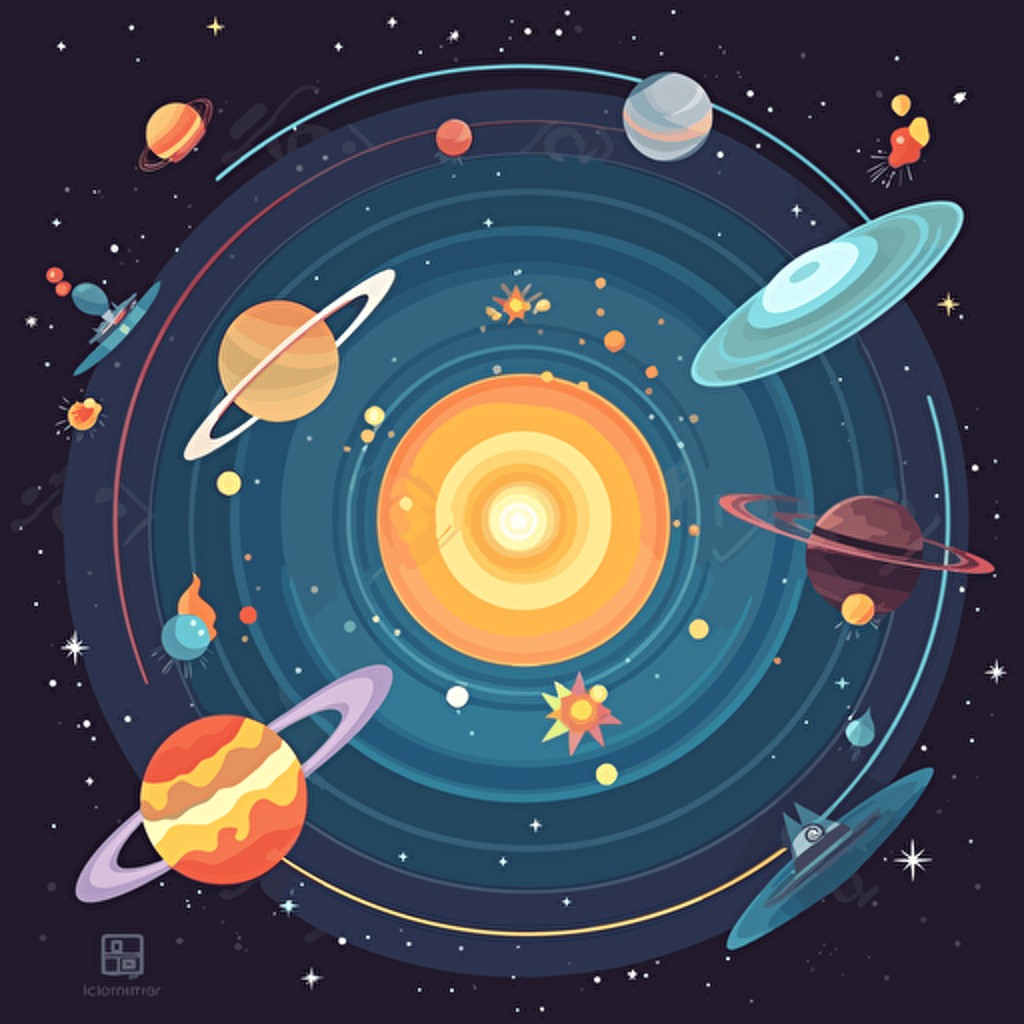 a foriegn and unexplored galaxy with unique planets rotating around a sun, viewed from outerspace with a cute space shuttle coming into orbit, vector illustration