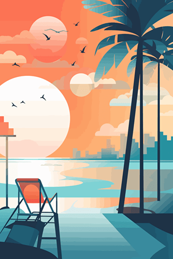 Create a flat vector illustration that portrays a summer beach scene. Use a minimalistic and modern style to showcase the natural beauty of the beach. Include details such as sunbeds, palm trees, and a bbq grill to bring the scene to life. Use pastel colors such as shades of blue, orange, pink, and yellow to create a peaceful and serene atmosphere that transports the viewer to the beach