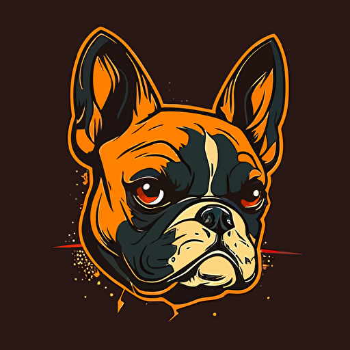 angry french bulldog head, cartoon eyes, cute smile, vector logo, vector art, emblem, simple, cartoon, 2d