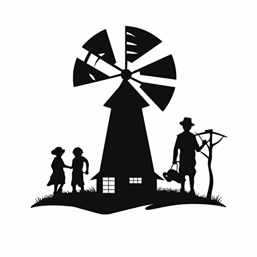 Australian kids vector logo, including a windmill, black minimal, white background, country western