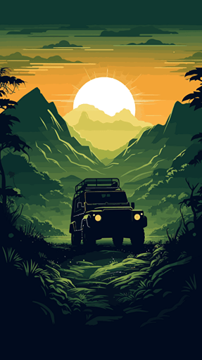 land rover, landscape of a foreign jungle planet with mountains, illuminated flora, slighly dark, vector illustration