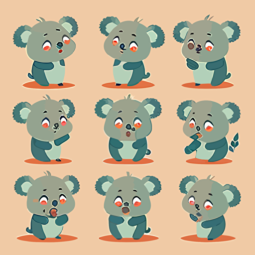 little koala bear, multiple poses and expressions ,children's book illustration style, simple, cute, full color, flat color,vector